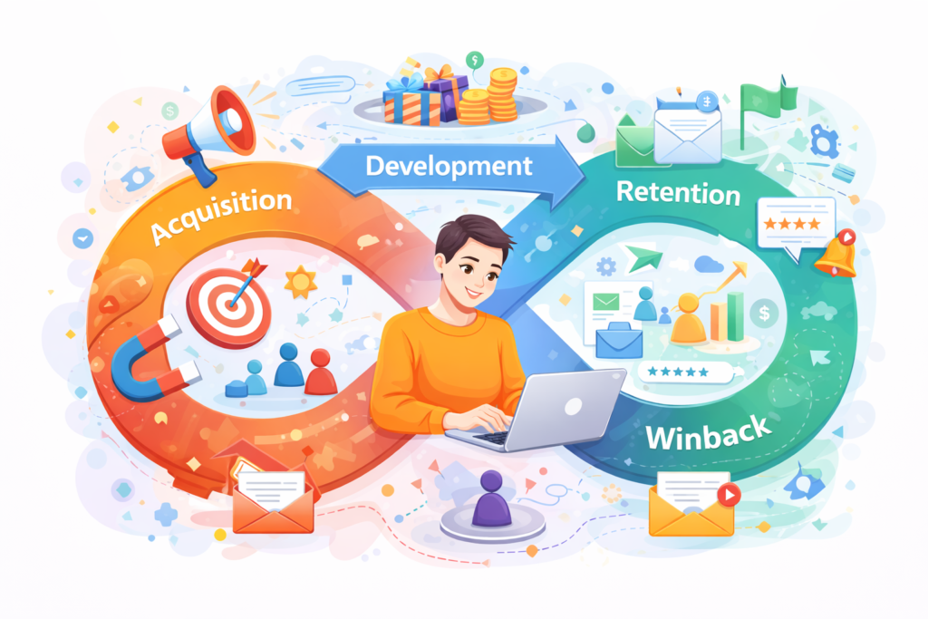 Predictive marketing strategy diagram showing an AI-driven customer lifecycle infinity loop